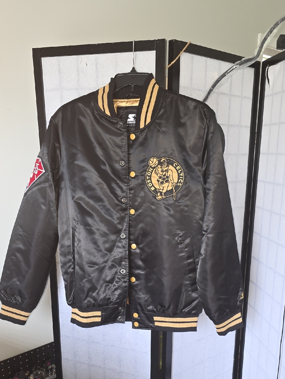 STARTER Black Satin Bomber Jacket with Gold Trim and Boston Celtics Patch